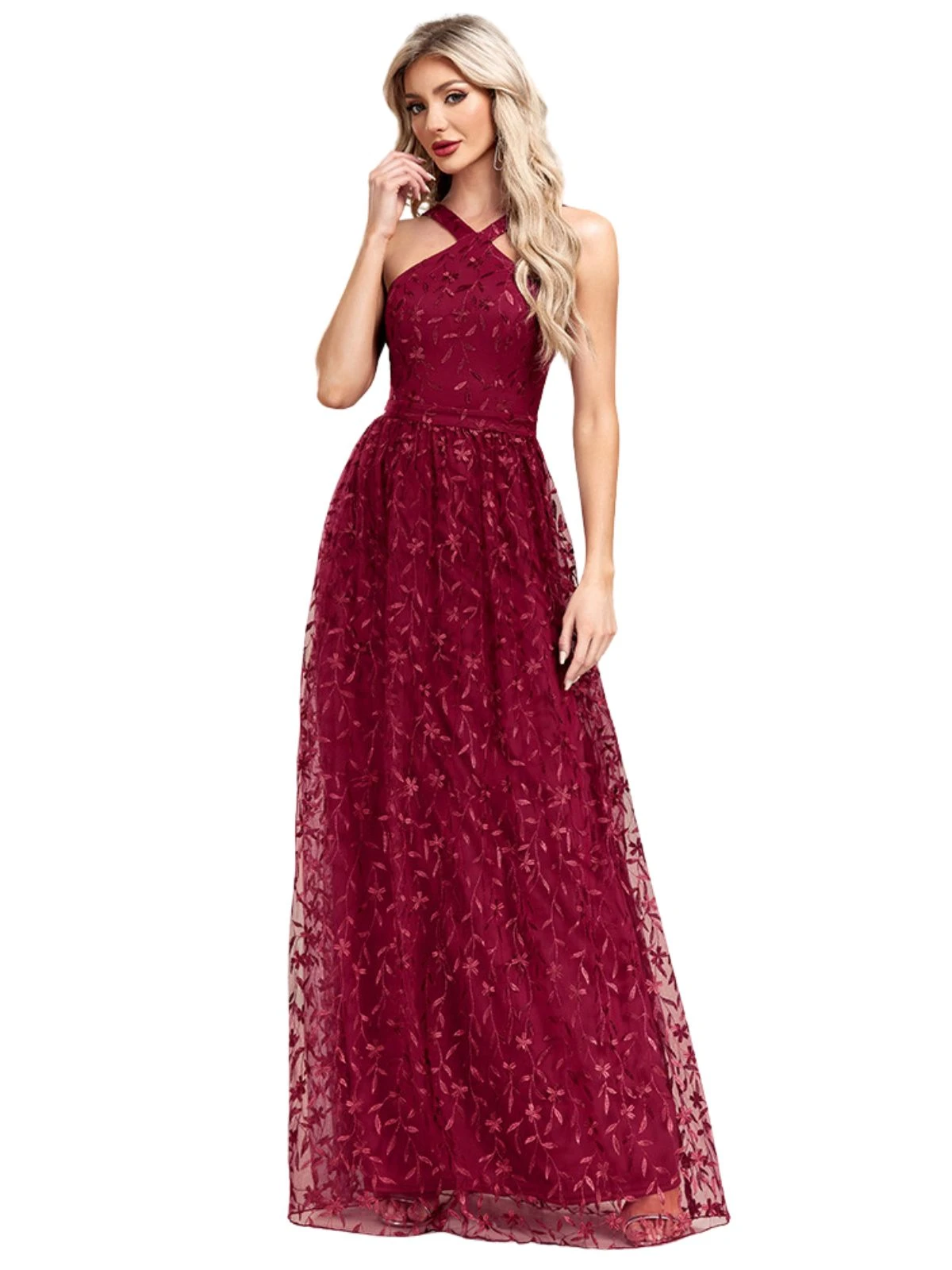 Wine Red 1920s Embroidered Mesh Maxi Dress - Image 3