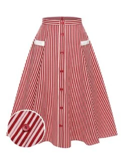 Red 1940s Buttoned Stripes Skirt