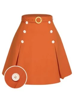[Pre-Sale] Orange Red 1960s Button Solid Belted Skirt