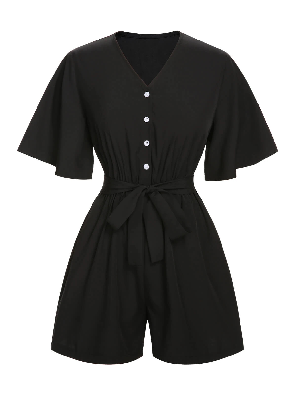 Black 1960s Solid Flare Sleeve V-Neck Romper - Image 2