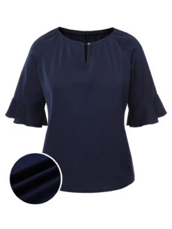 Deep Blue 1960s Flare Sleeved Ruffle Blouse