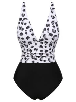 Black 1930s Leopard Patchwork V-Neck Swimsuit