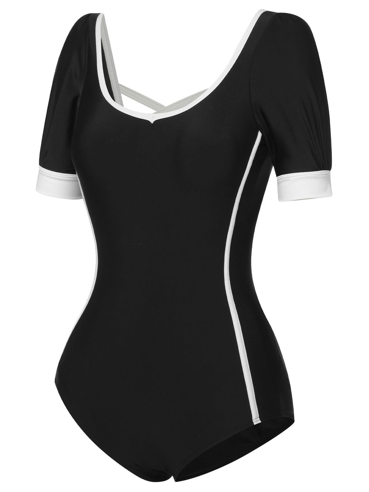 Black 1960s Puff Sleeves One-Piece Swimsuit - Image 2
