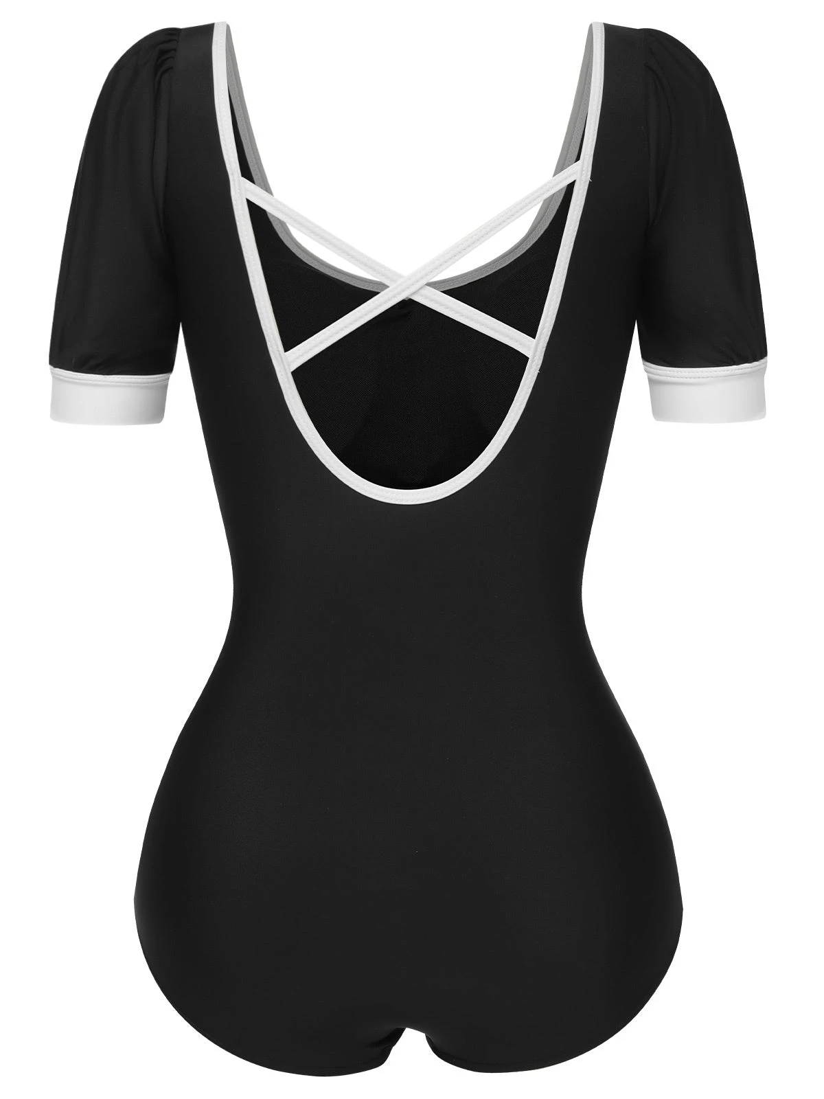 Black 1960s Puff Sleeves One-Piece Swimsuit - Image 3