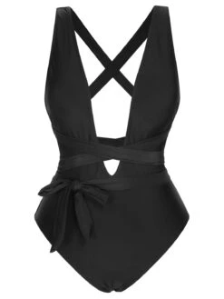 Black 1960s Solid Deep V-Neck Bandage Swimsuit