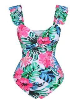 Multicolor 1960s Tropical Plants Ruffles Swimsuit