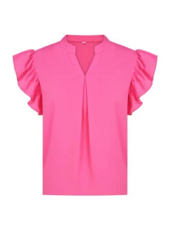 Rose Red 1960s Ruffle Sleeve V-Neck Top