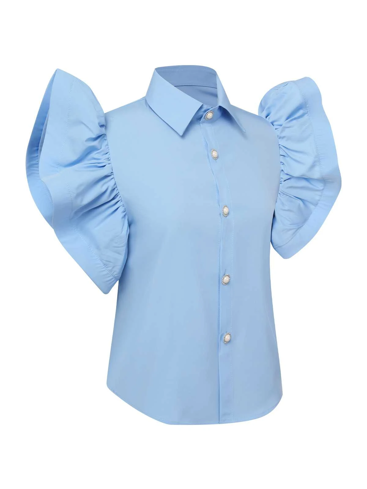 Blue 1950s Lapel Ruffles Sleeve Solid Blouse - Image 2