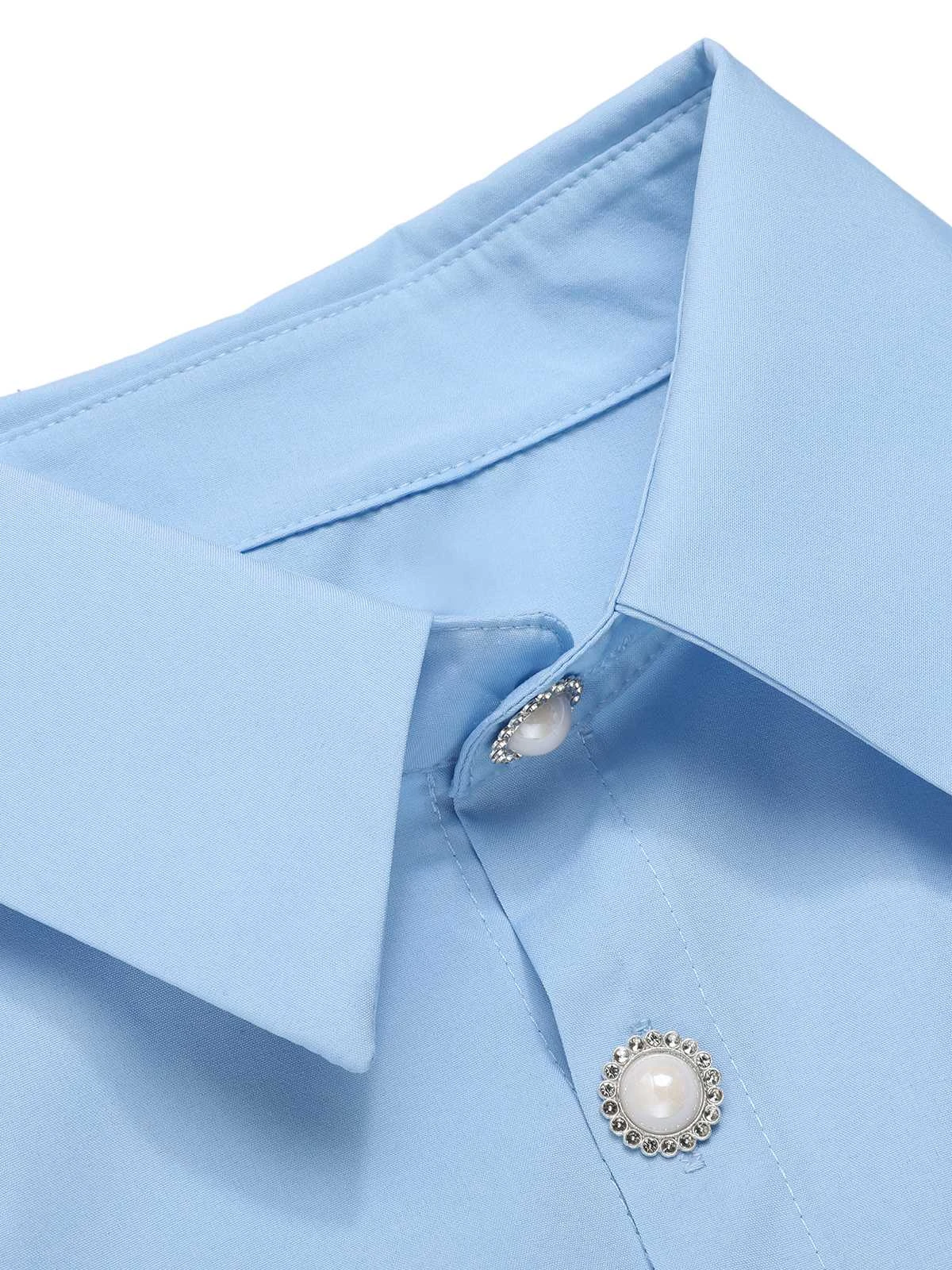 Blue 1950s Lapel Ruffles Sleeve Solid Blouse - Image 4