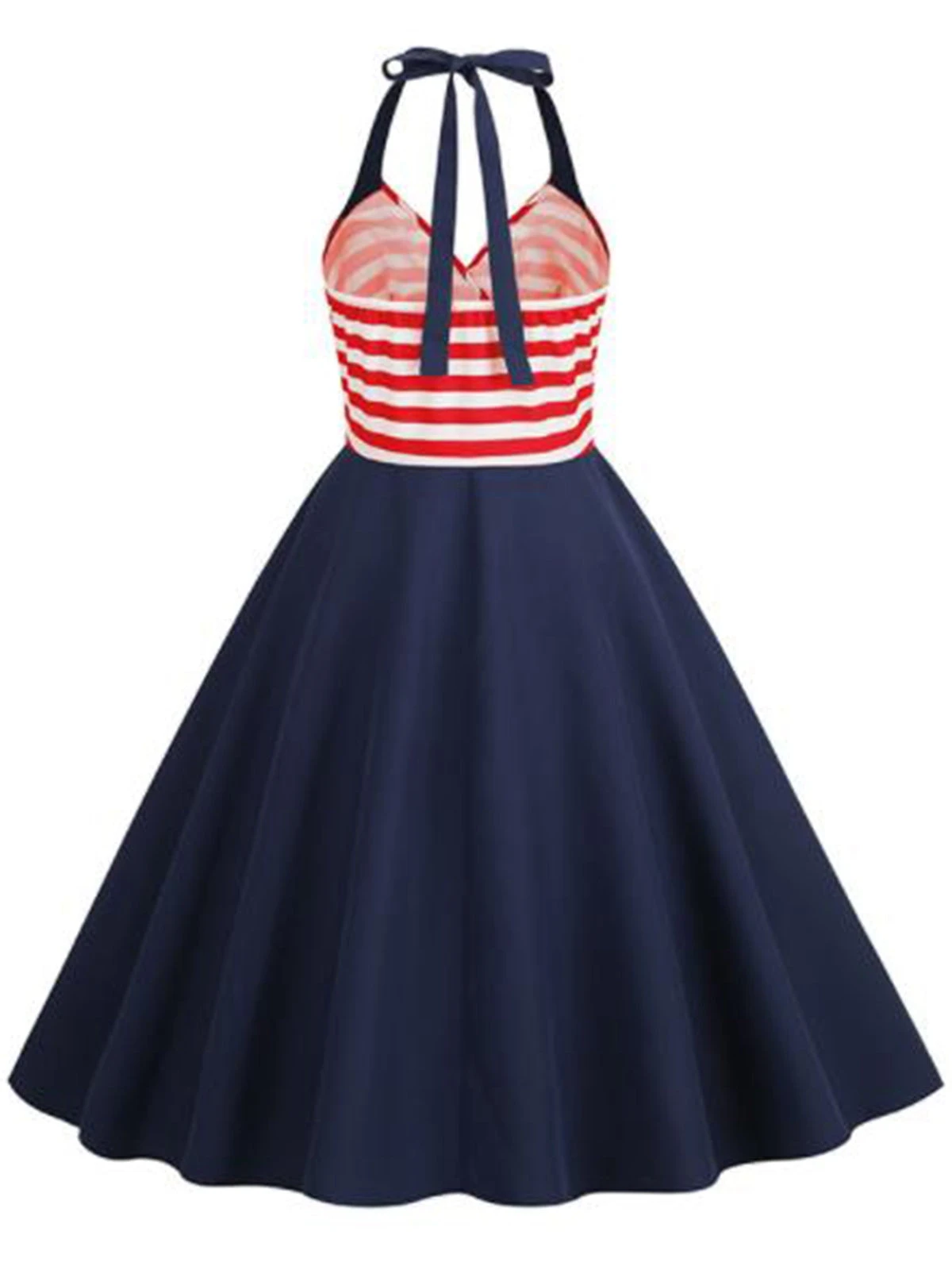 Dark Blue 1950s Red & White Stripes Halter Dress - Image 2