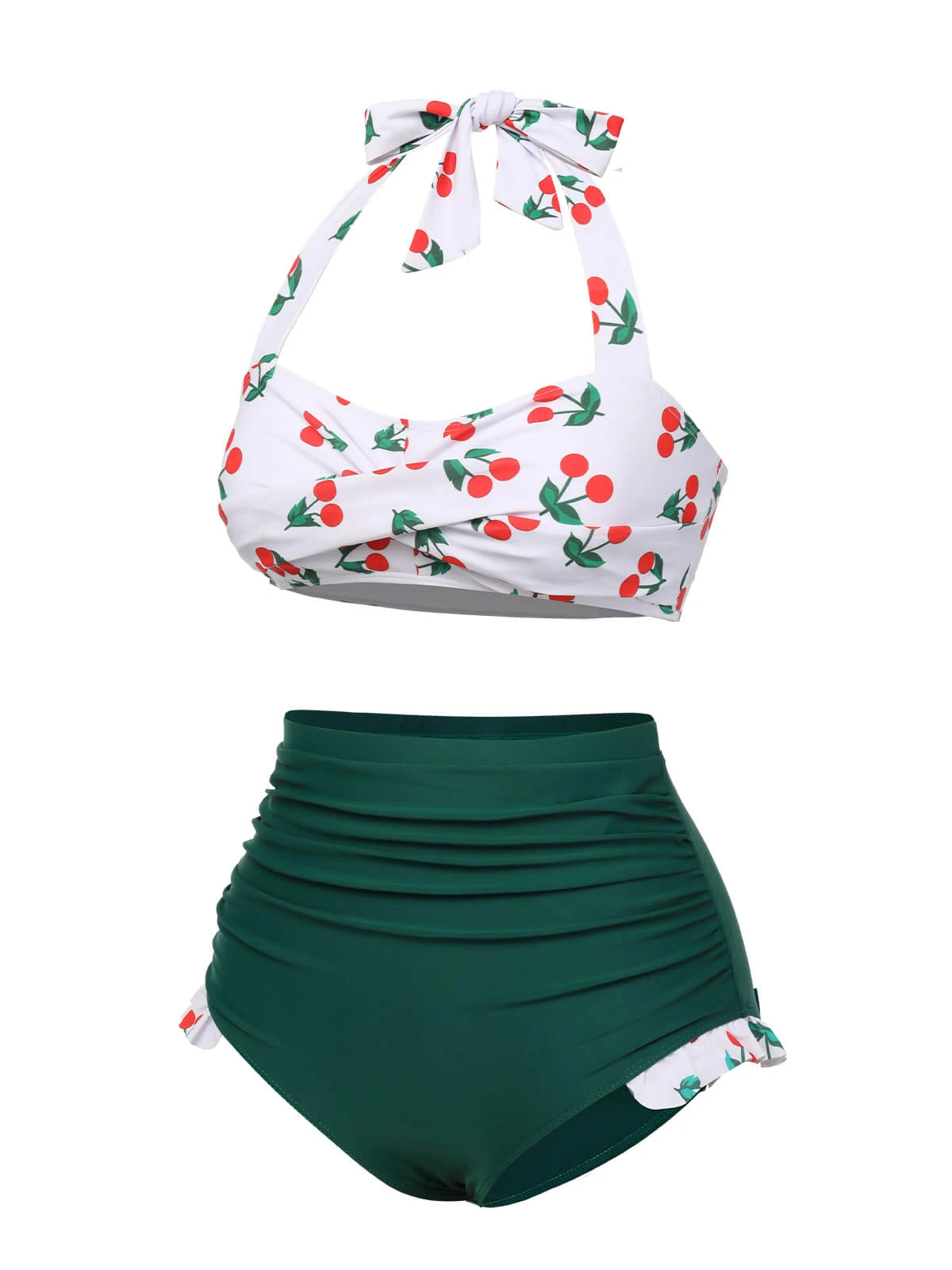 Green & White 1960s Cherry Halter Swimsuit - Image 2