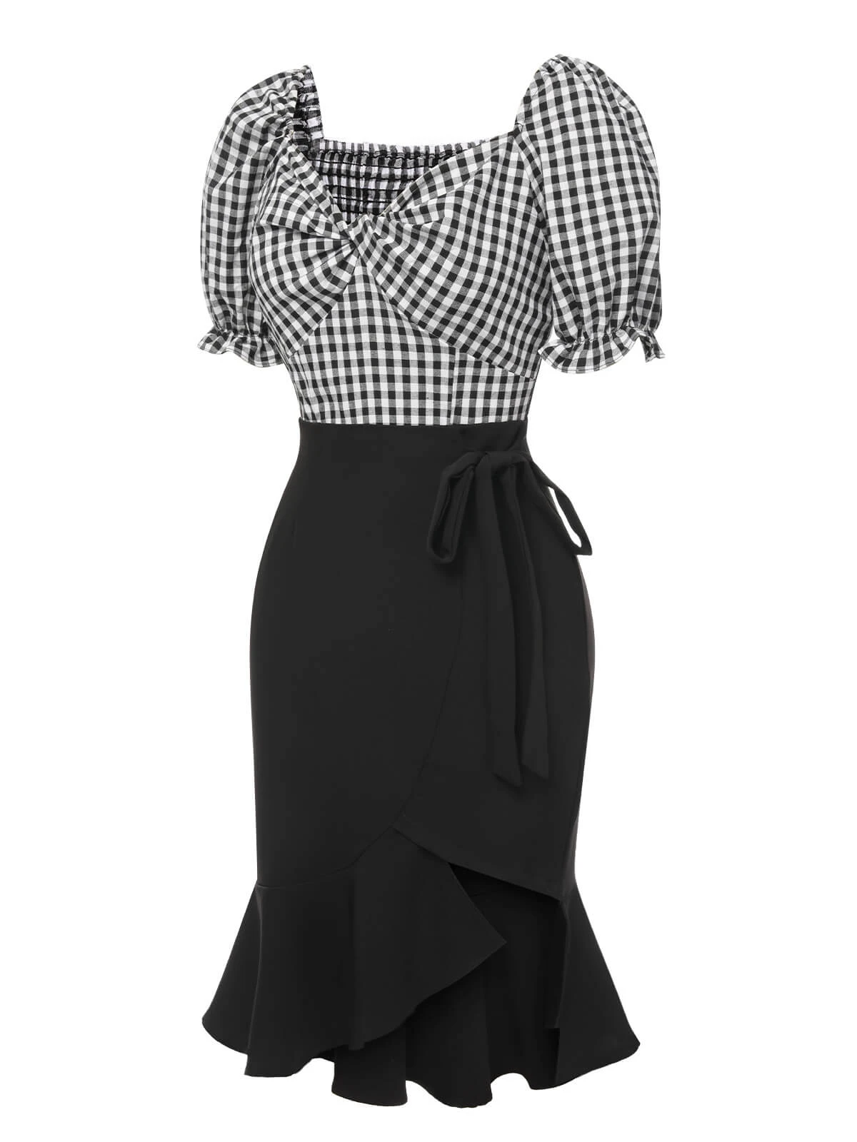 2PCS 1950s Black White Plaid Top & Ruffle Hem Skirt - Image 2