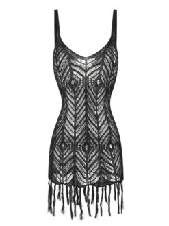 Black 1950s Hollow-Out Strap Cover-up Tops