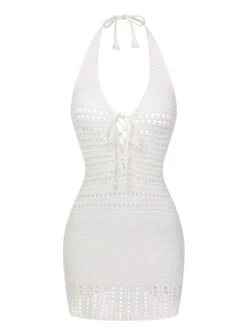 White 1960s Cross Lacing Crochet Dress