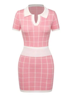 2PCS Pink & Whte 1950s Plaid Top & Pencil Skirt