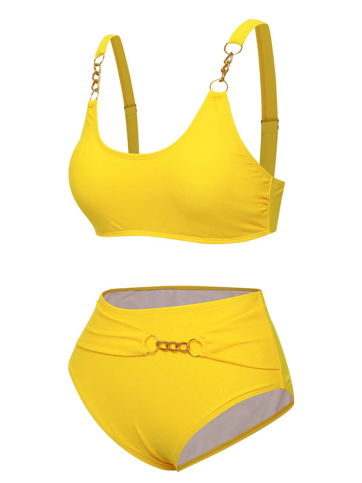 Yellow 1960s Spaghetti Strap Backless Solid Swimsuit - Image 2