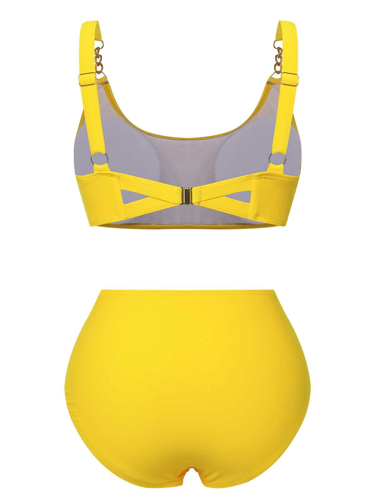 Yellow 1960s Spaghetti Strap Backless Solid Swimsuit - Image 3
