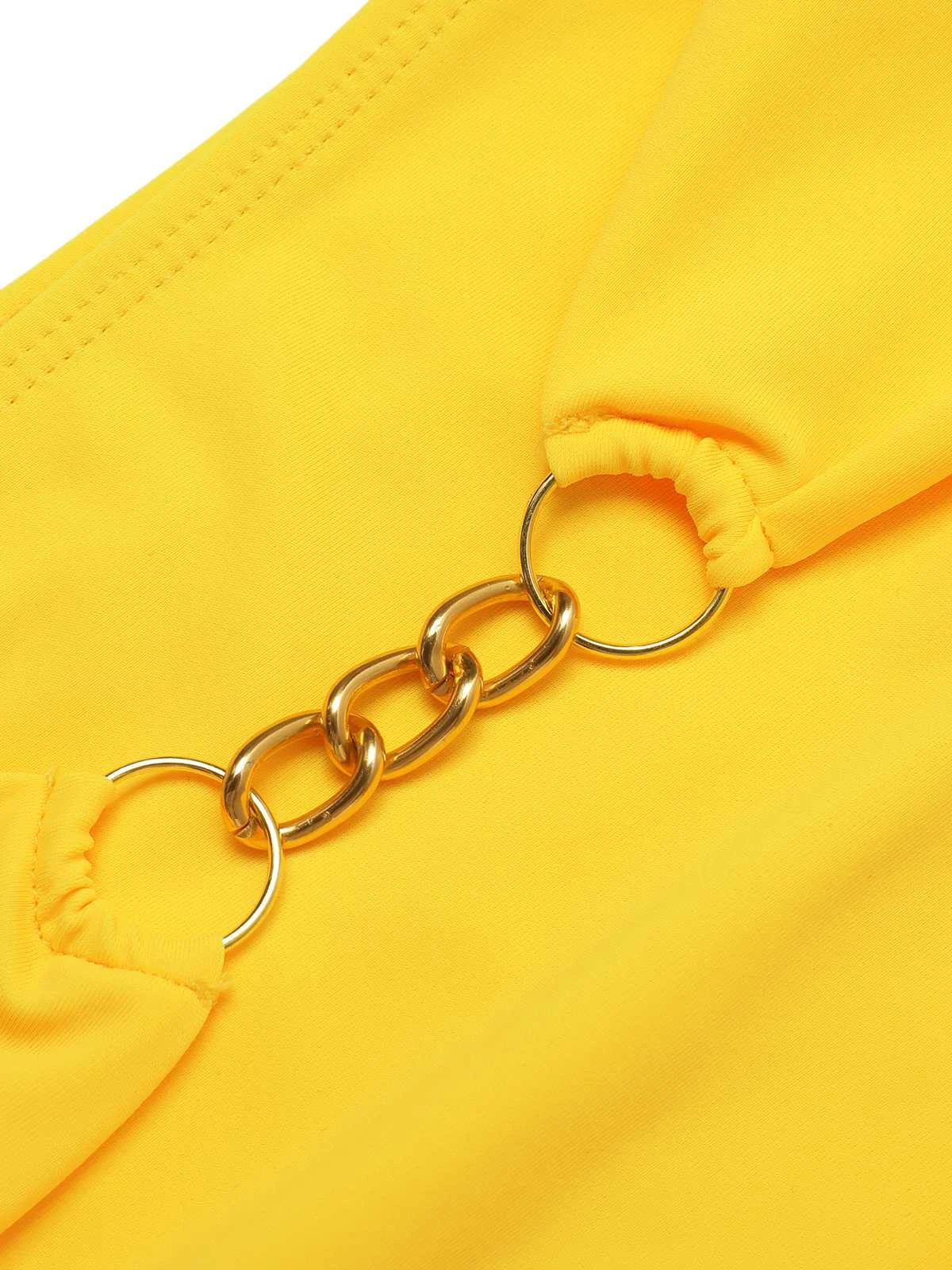 Yellow 1960s Spaghetti Strap Backless Solid Swimsuit - Image 4