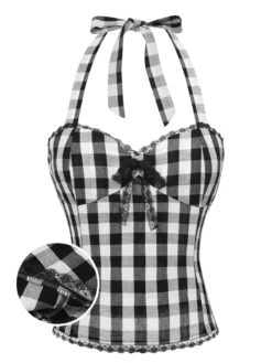 [Pre-Sale] Black 1950s Plaid Halter Lace Bow Top