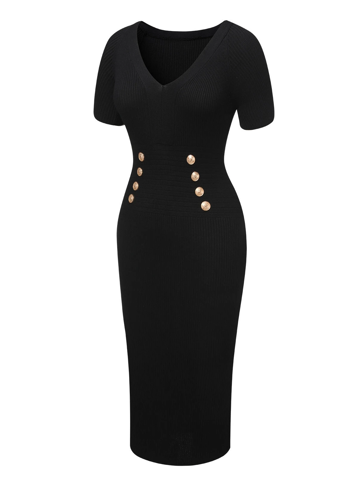 Black 1960s Solid V-Neck Buttons Dress - Image 2