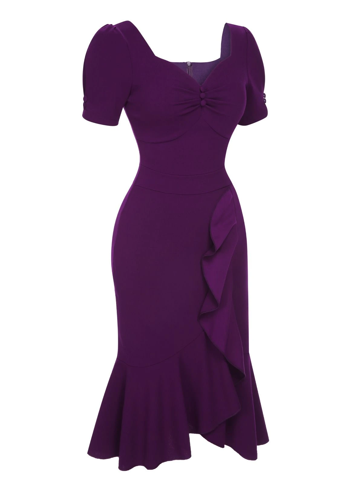 Deep Purple 1960s Solid Gigot Sleeve Ruffles Dress - Image 2