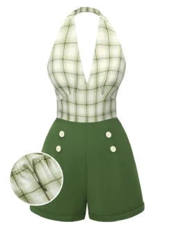 [Pre-Sale] Green 1950s Windowpane Plaid Halter Romper