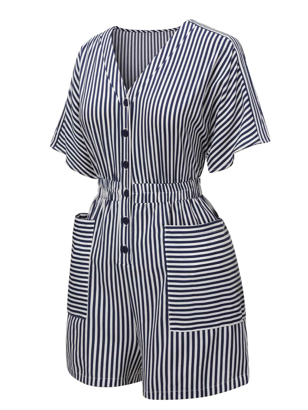 Dark Blue 1950s V-Neck Pockets Stripes Romper - Image 2