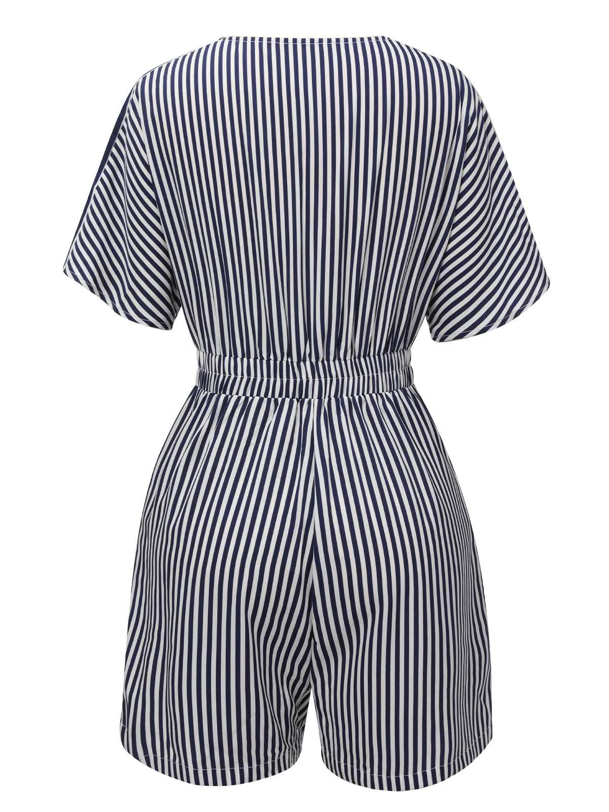 Dark Blue 1950s V-Neck Pockets Stripes Romper - Image 3