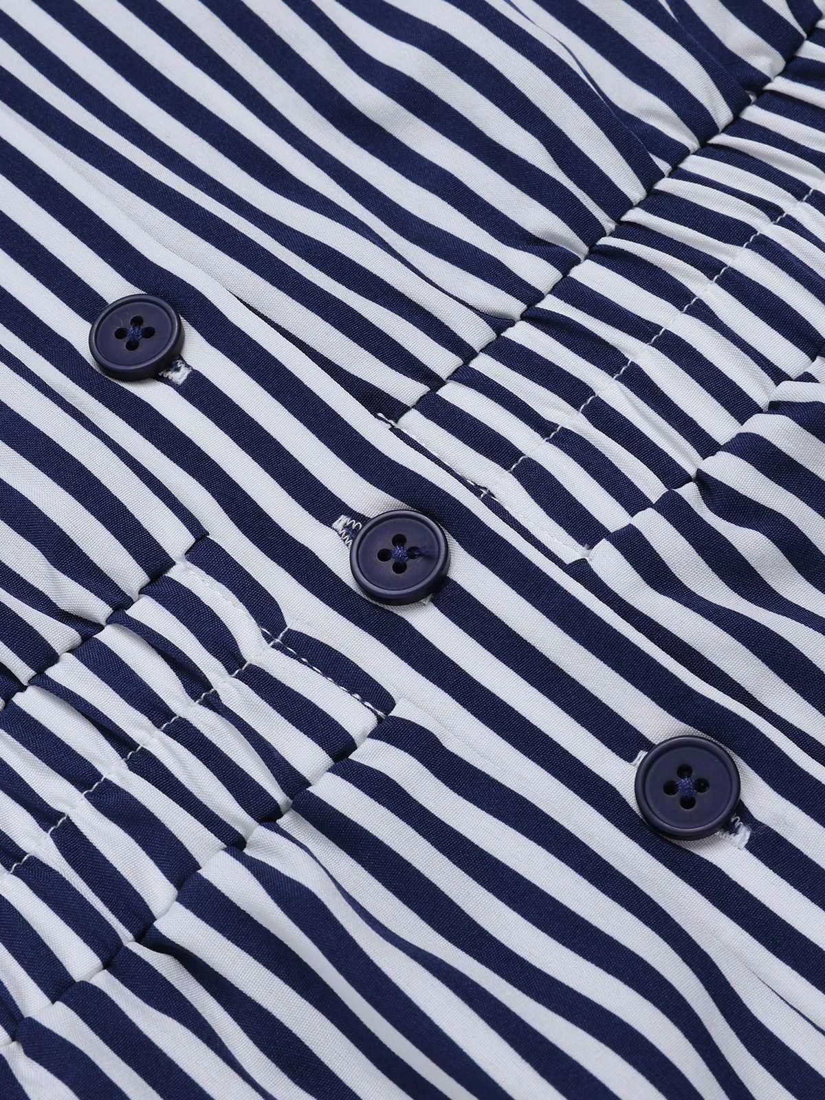 Dark Blue 1950s V-Neck Pockets Stripes Romper - Image 4