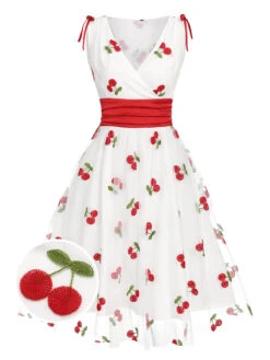 [Pre-Sale] White 1950s Embroidered Cherry Mesh Dress