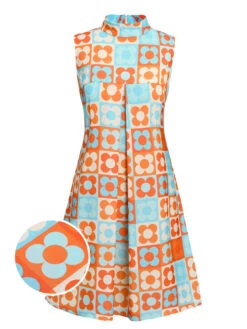 [Pre-Sale] Orange & Blue 1960s Floral Stand Collar Dress