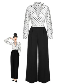 Black & White 1930s Polka Dots Tie Neck Jumpsuit