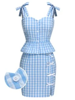 [Pre-Sale] 2PCS Blue 1960s Plaid Ruffled Hem Tops & BowKnot Skirts