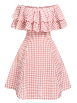 Pink 1950s Plaid Off-Shoulder Dress
