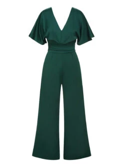 Green 1960s V-Neck High Waist Wide-Leg Jumpsuit