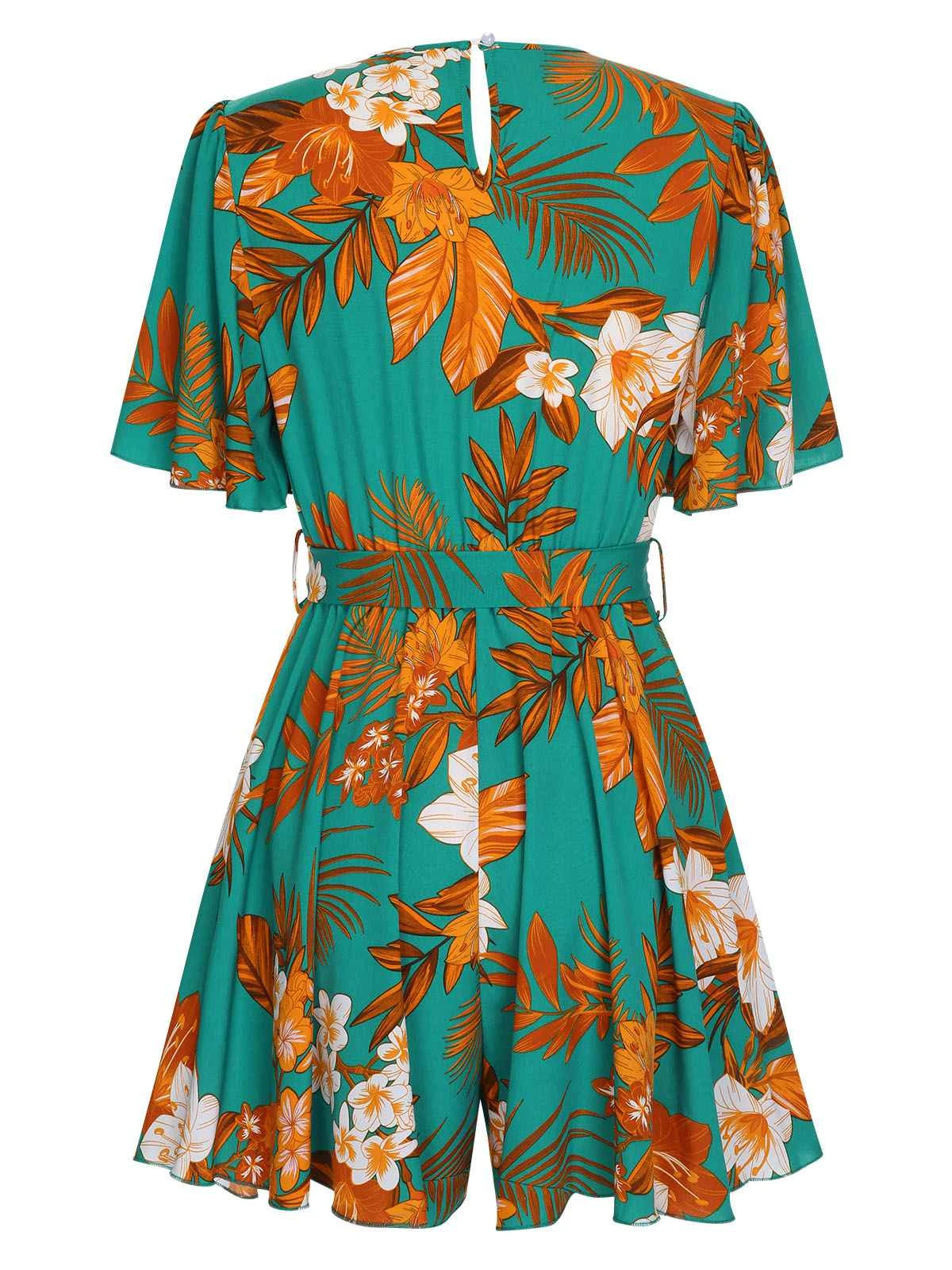 Green 1950s V-Neck Ruffle Sleeves Romper - Image 2