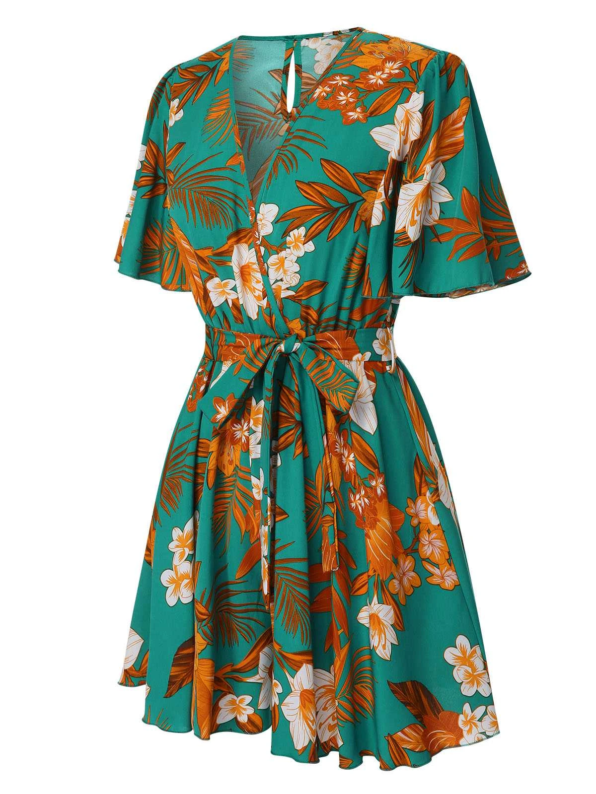 Green 1950s V-Neck Ruffle Sleeves Romper - Image 6