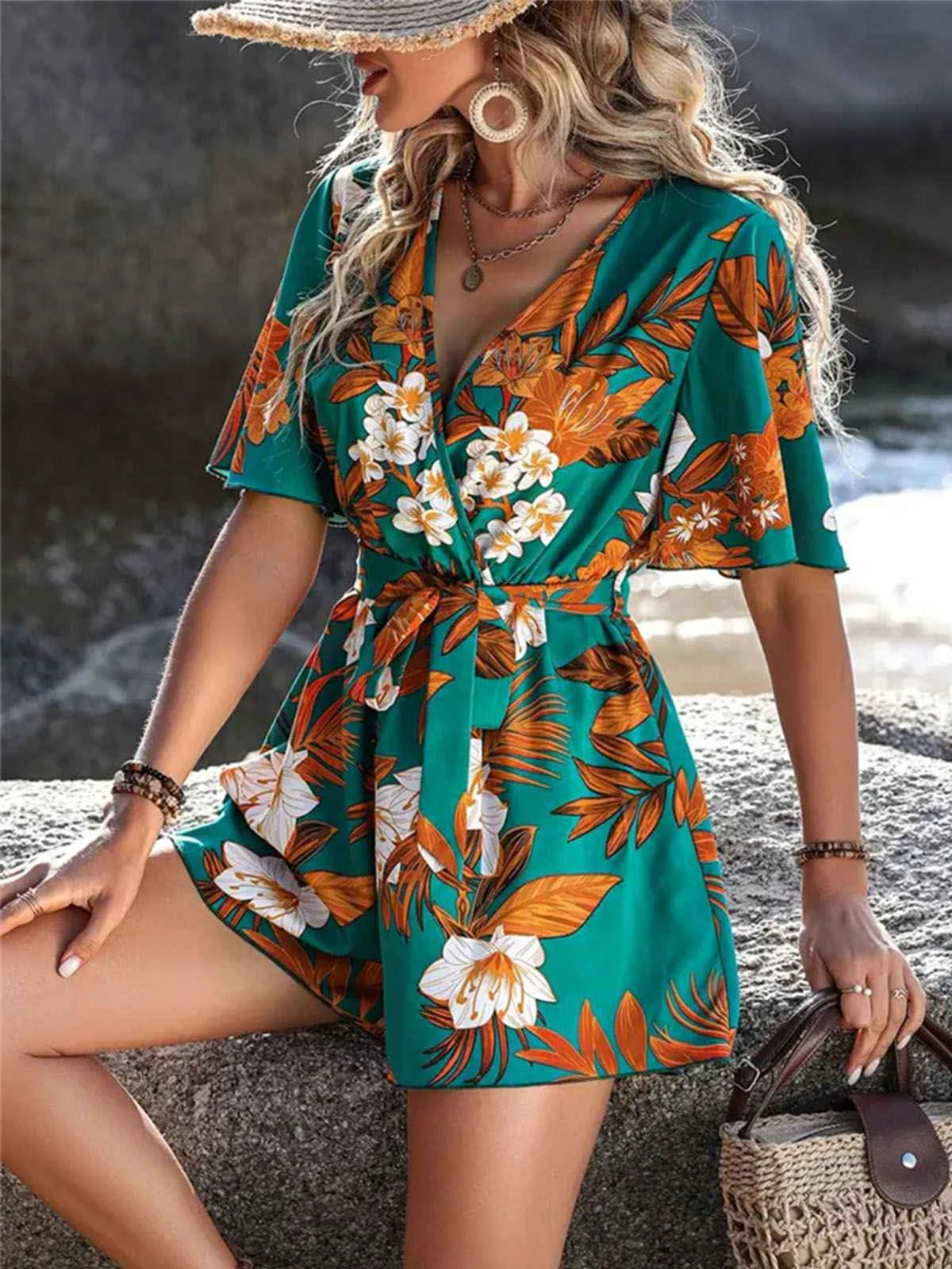 Green 1950s V-Neck Ruffle Sleeves Romper - Image 5