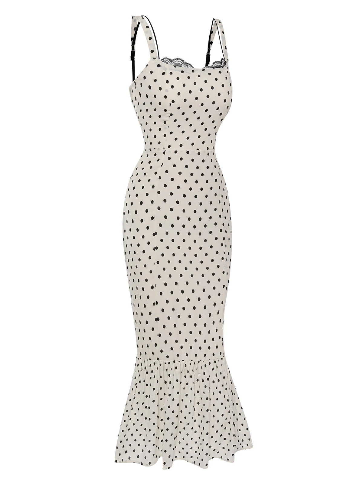 White 1930s Polka Dots Straps Mermaid Dress - Image 3