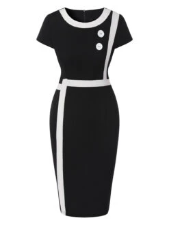 Black 1960s Crew Neck Patchwork Dress