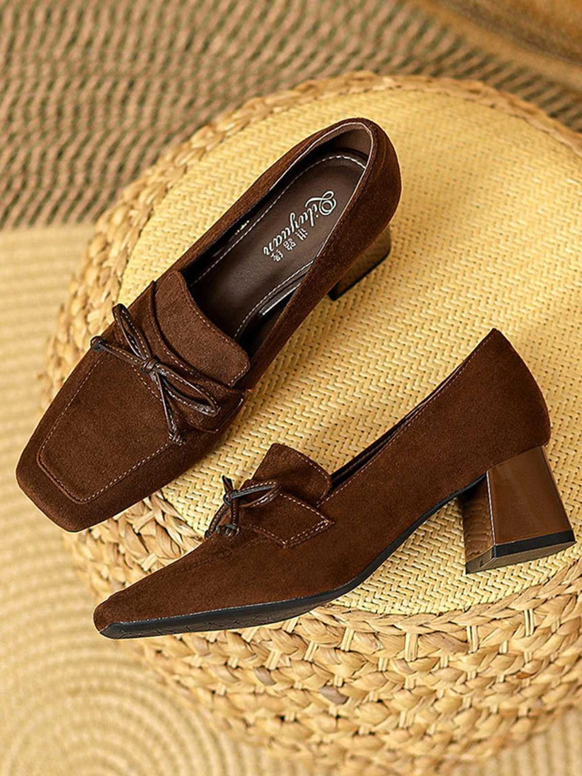 Retro Bow Square Toe High Heels Shoes - Image 3