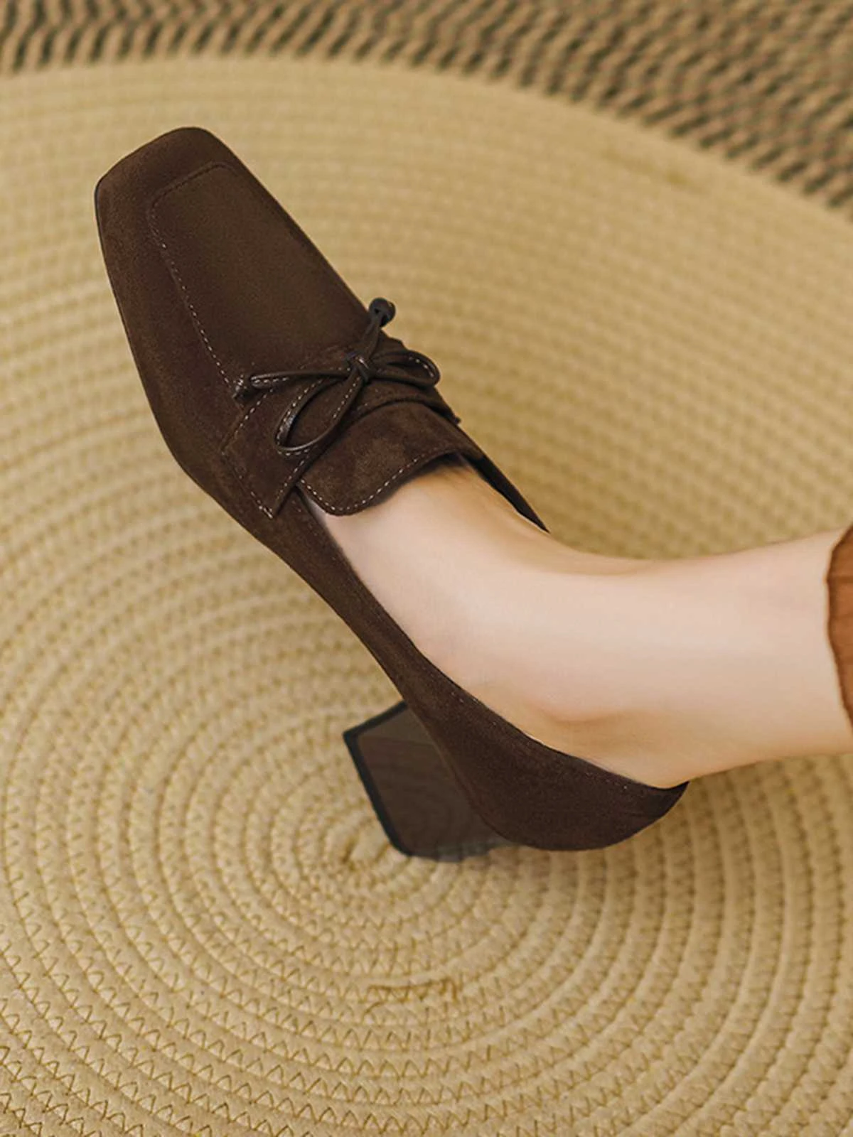 Retro Bow Square Toe High Heels Shoes - Image 7