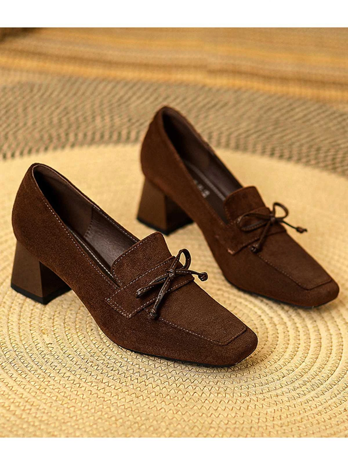 Retro Bow Square Toe High Heels Shoes - Image 4