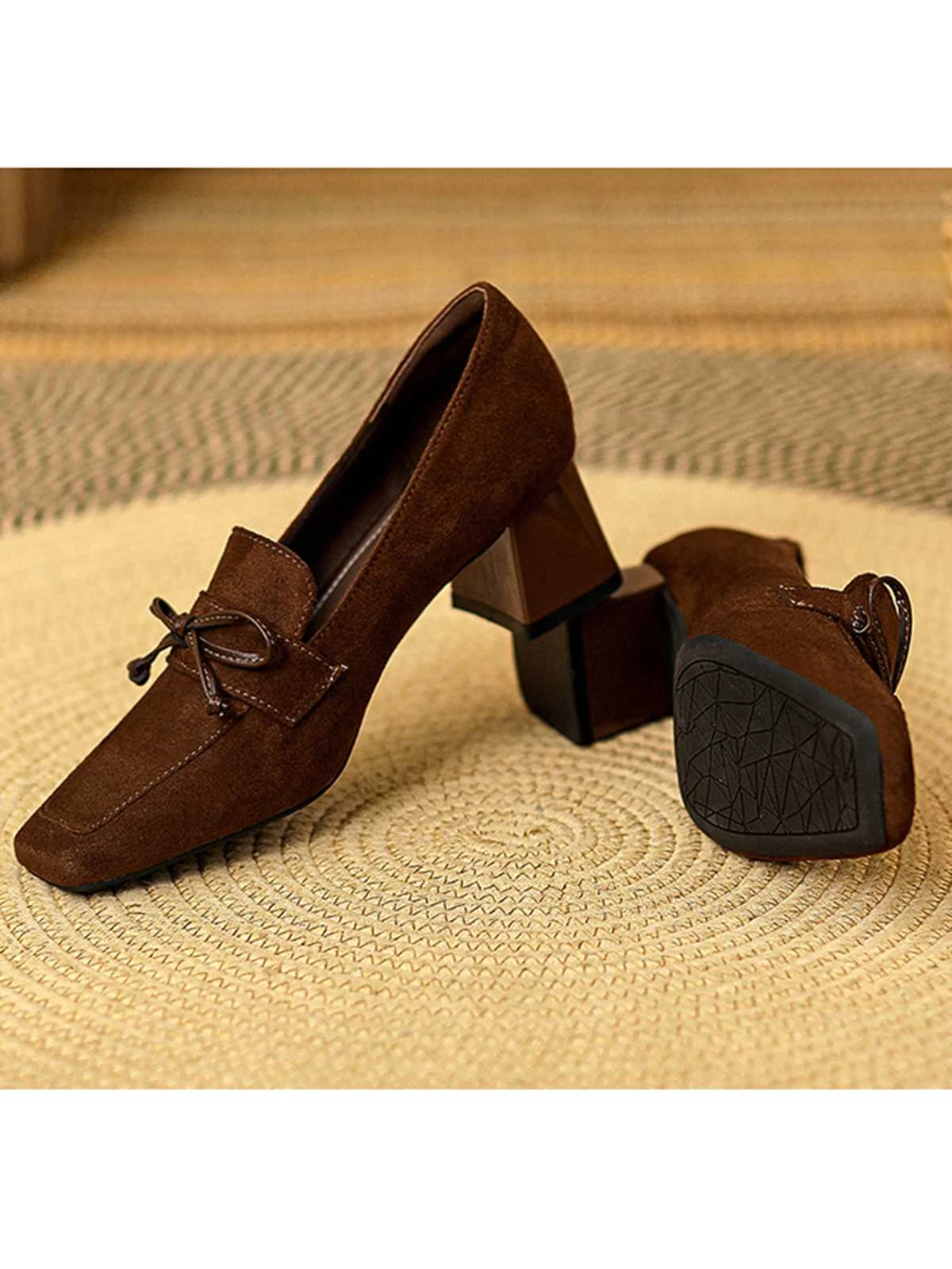 Retro Bow Square Toe High Heels Shoes - Image 12