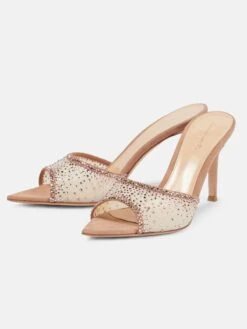 Brown Pointed Rhinestoned Stiletto Heel Slippers