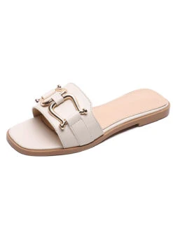 Beige Vintage Faux Leather Flat Slippers