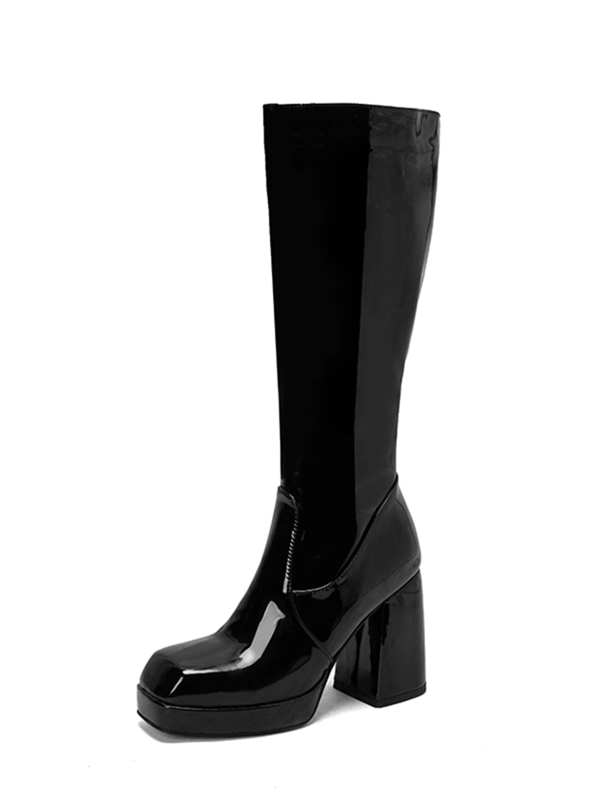Patent Leather Round Toe Solid High Heel Boots - Image 13