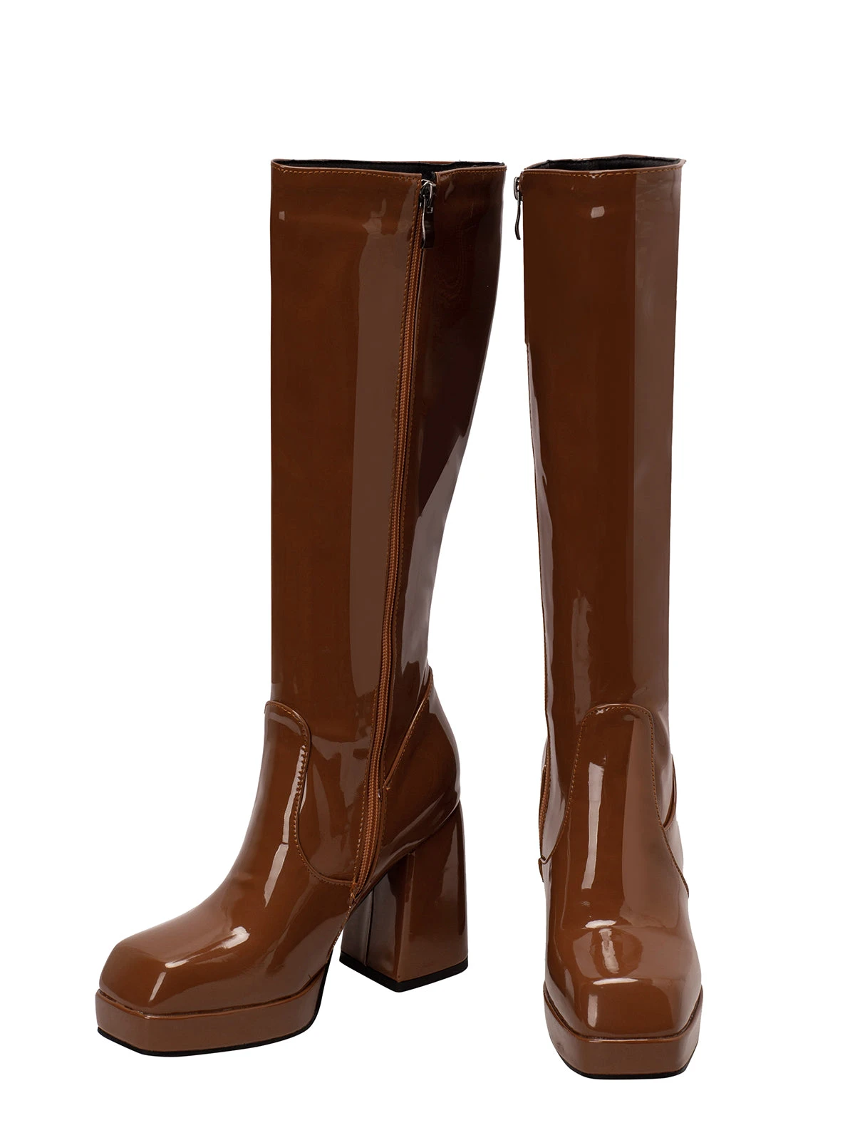 Patent Leather Round Toe Solid High Heel Boots - Image 20