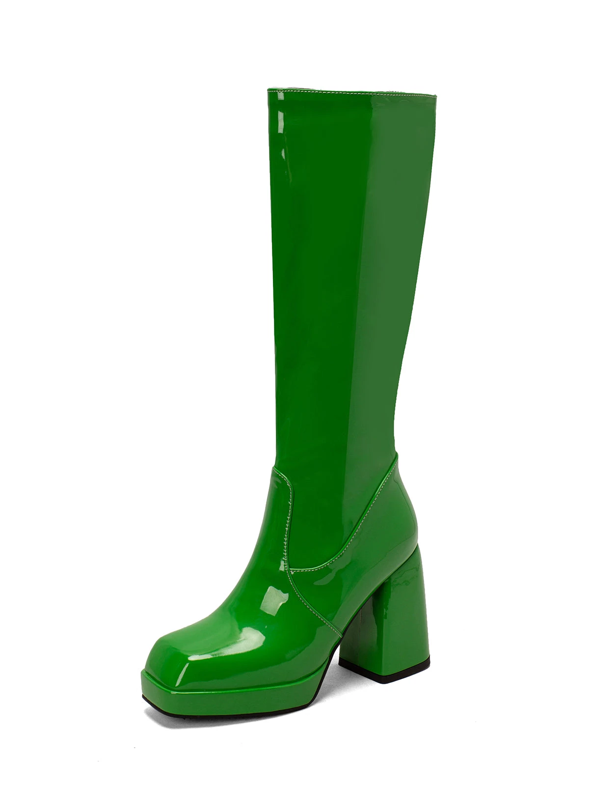 Patent Leather Round Toe Solid High Heel Boots - Image 16