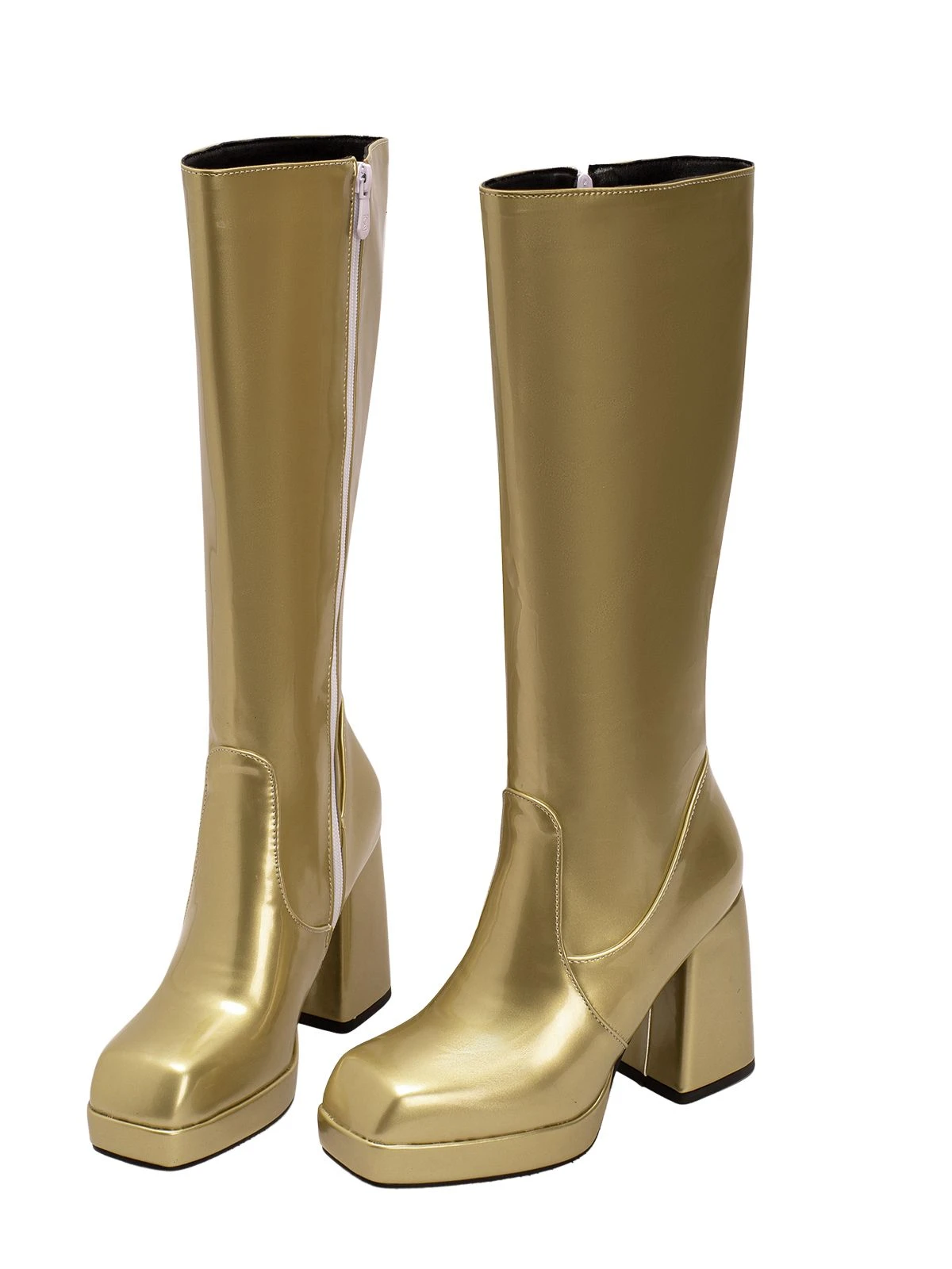Patent Leather Round Toe Solid High Heel Boots - Image 9